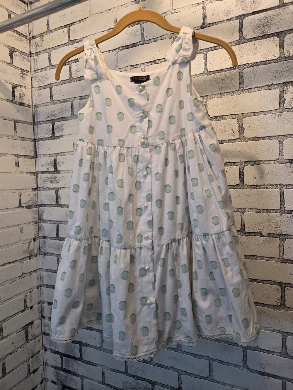 Flapdoodles White Dress with Mint Green Polka Dots for Kids